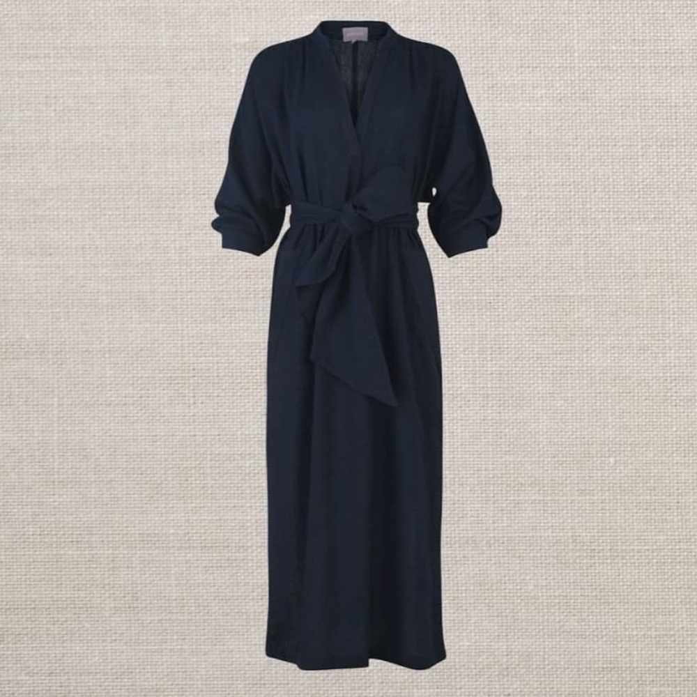 Classic Navy Maxi Wrap Dress with Self-Tie Waist